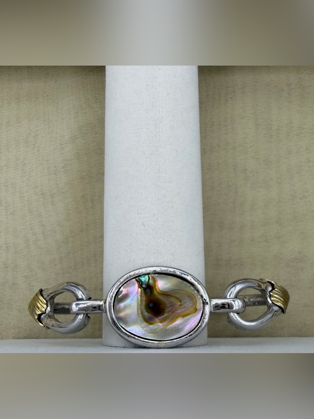 Vintage Avon Two-Tone Abalone Shell Hinged Bangle Bracelet